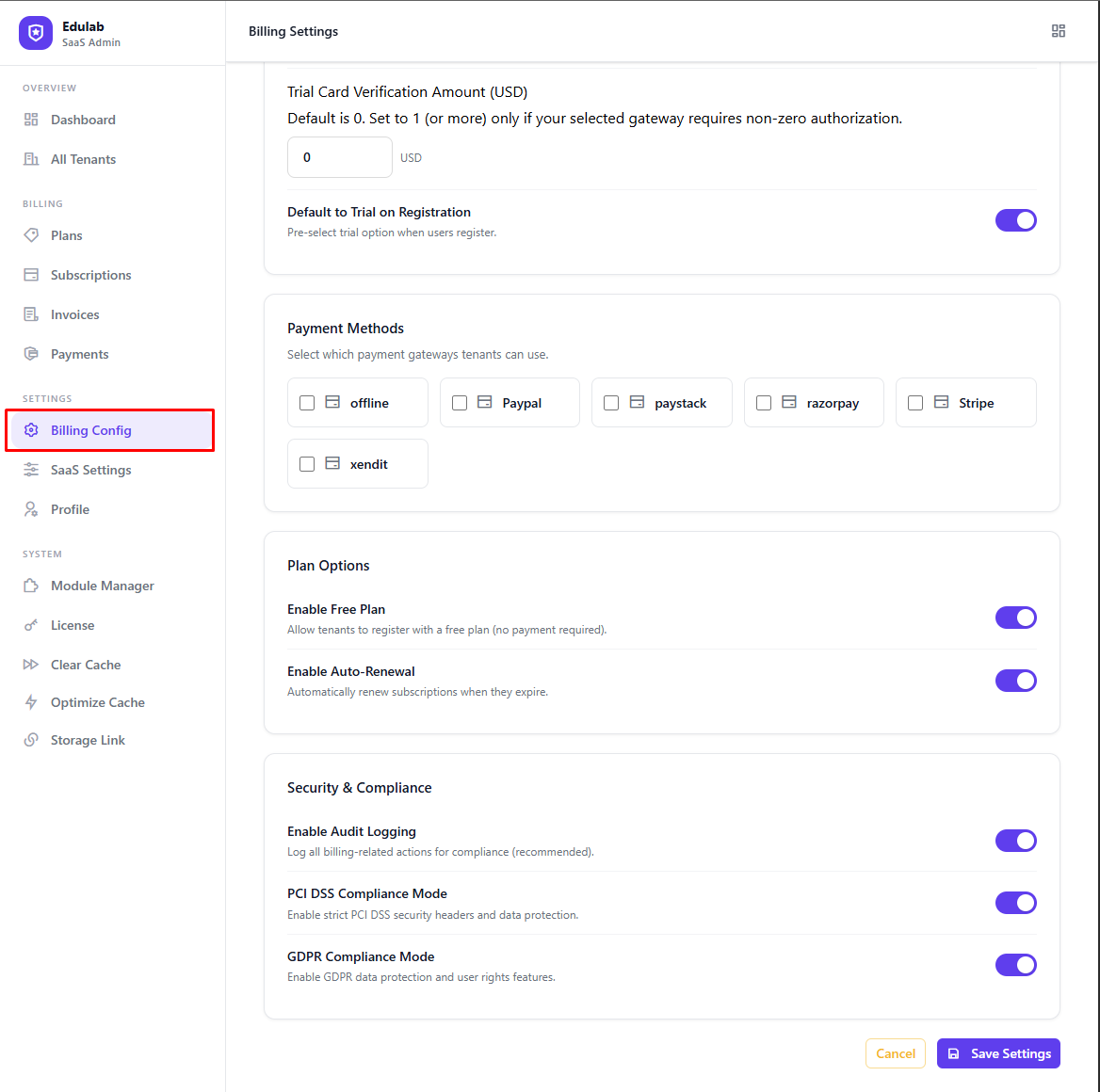 Billing Settings Save