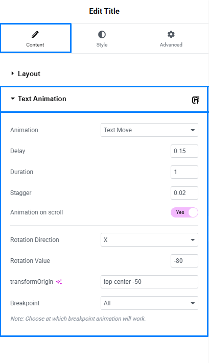 Elementor Text Animation Interface
